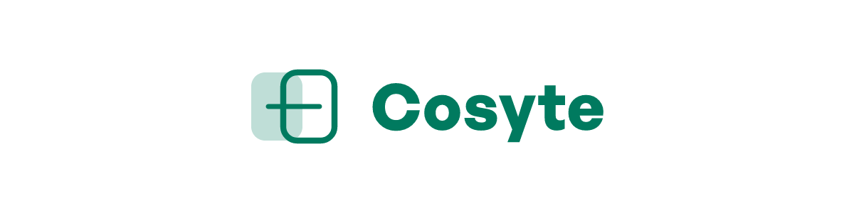 Cosyte: a plus mark set in two overlapping rounded squares, one solid and one outlined, beside the Cosyte wordmark